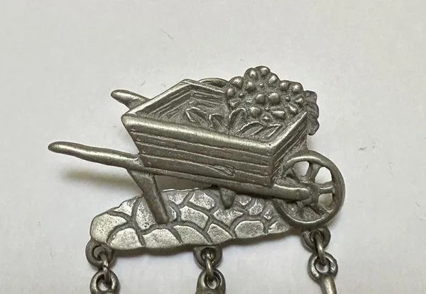 Signed LCD Gardening Wheelbarrow Garden Cart Pewter Silver Tone Brooch Pin - Image 4