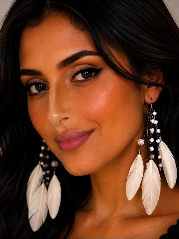 Boho Feather Dangle Earrings — Blush Pink Feathers & Rhinestones - Image 2