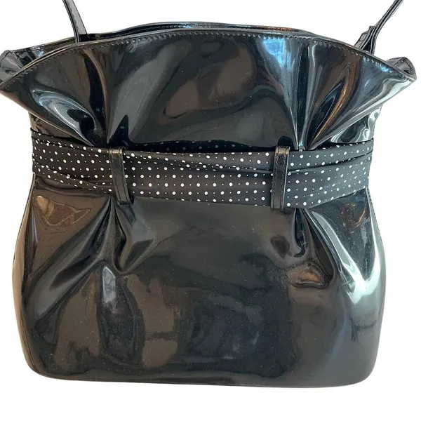 Beijo Black Vegan Patent Leather Paper Bag Handbag Polka Dot Scarf Twee Preppy - Image 6