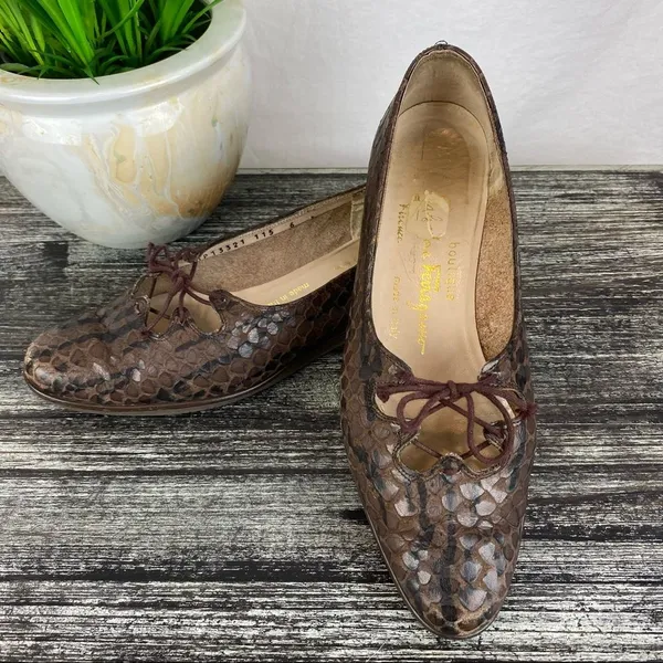 Salvatore Ferragamo Brown Textured Reptile Croc Print Leather Slip On Shoes 6 - Image 4