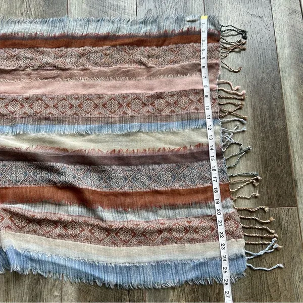 PRANA Mae Scarf Wrap Fringed Striped Tan Blue Cream Multicolored 100% Wool - Image 8
