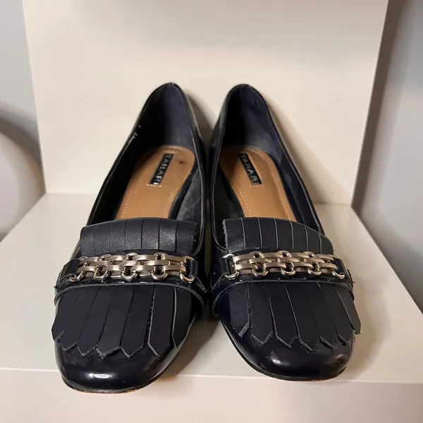 Navy Blue Patent Leather Block Heel Loafers with‎ Chain Detail & Fringe - Image 6