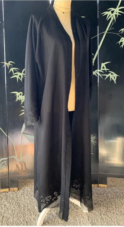 open front black maxi cardigan mesh & embroidered detail size Large Made In UAE - Image 2