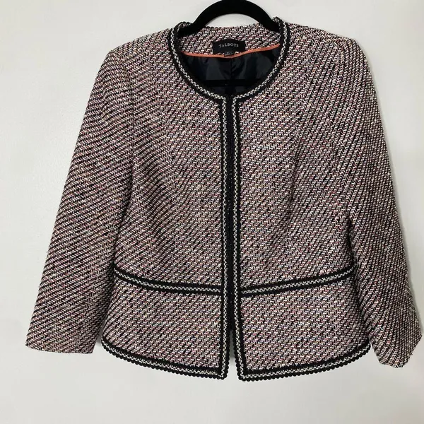 Talbots Grosgrain Trim Black Multicolored Peach Tweed Academia Cropped Jacket 4 - Image 2