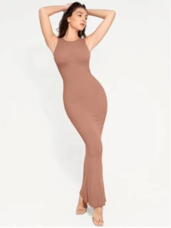Popilush Built In Shapewear Modal Maxi Dress Light Brown L NWT Body Shaper - Image 11