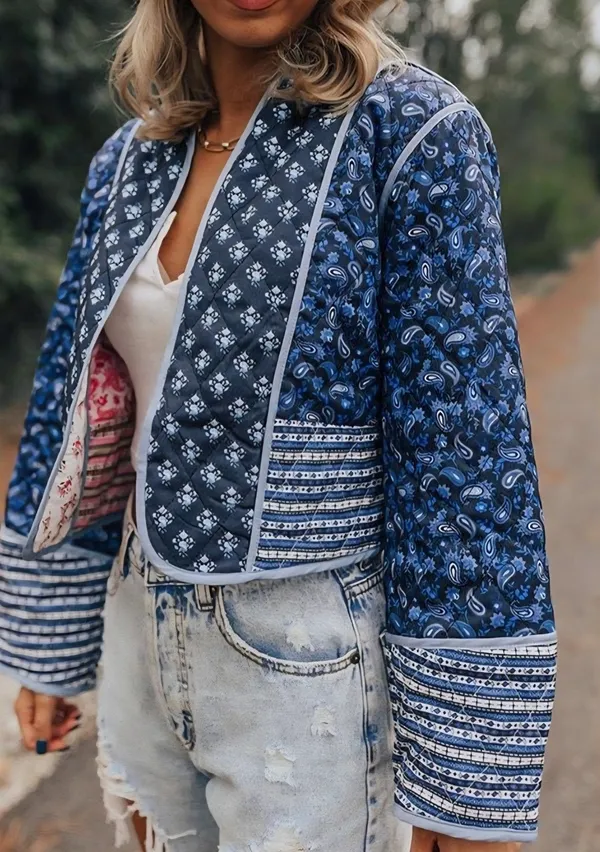 Reversible Quilted Jacket Floral Paisley Patchwork Cropped Boho Cottagecore L XL - Image 2