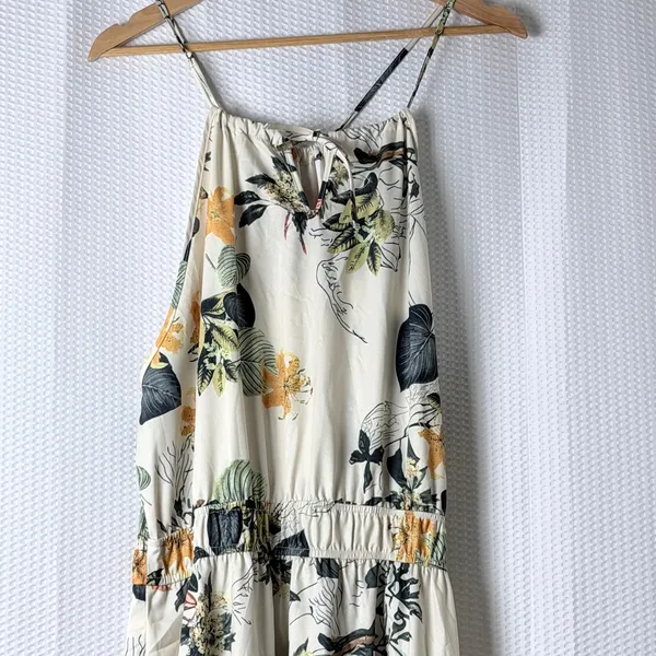 Floral Maxi Dress Women 2XL Cream Tropical Boho Tiered Halter Sleeveless Spring - Image 11