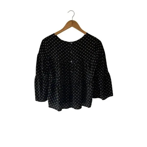 MADEWELL Silk Tiered Button-Back Top Heart Flip Black Gold 3/4 Sleeve Blouse siz - Image 7