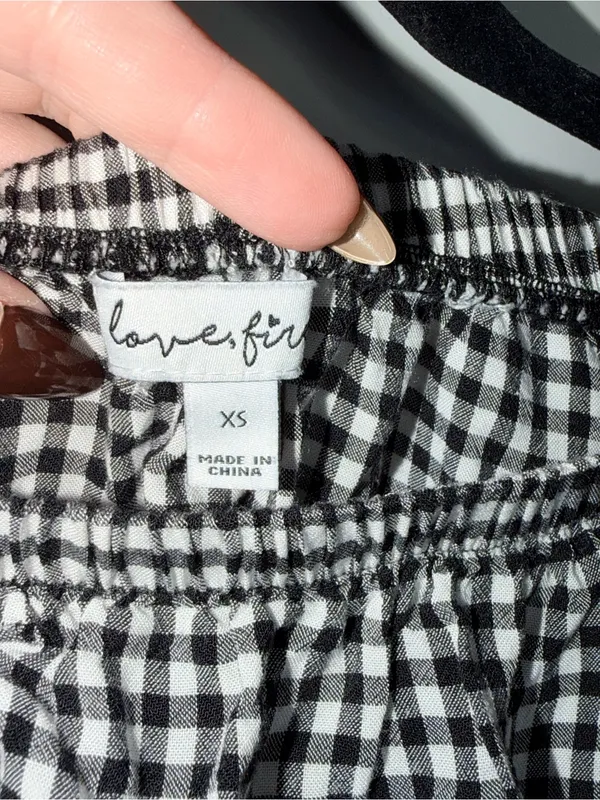 Love, Fire Off-the-Shoulder Black and White Check Long Sleeve Crop - Image 3