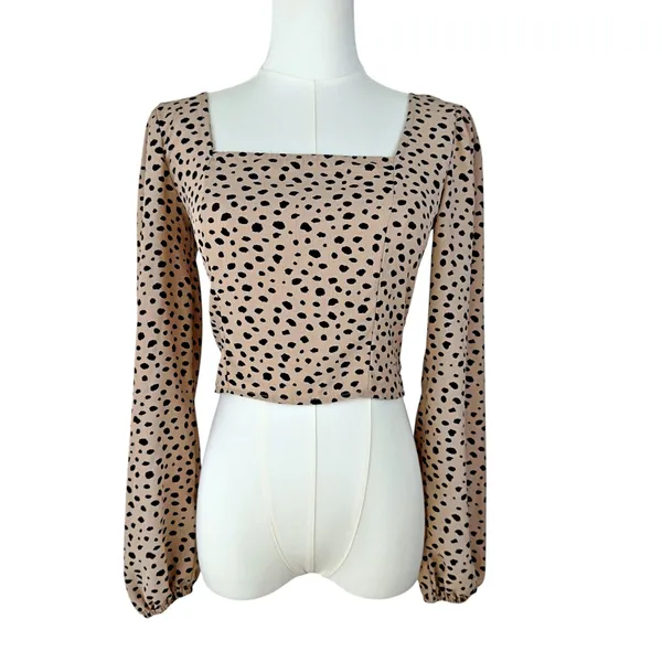 Altar'd State Brown Polka Dot Animal Print Long Sleeve Cropped Blouse Top XS - Image 2