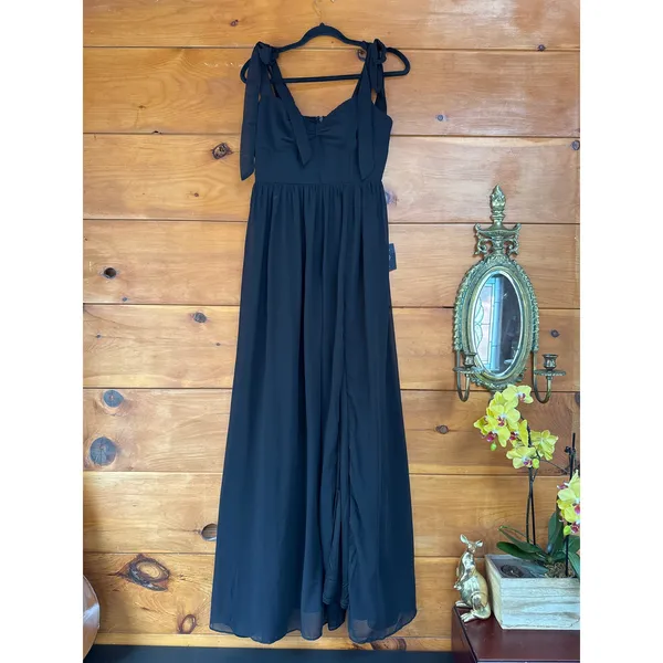 NWT Lulus Radiant Charisma Black Chiffon Ruched Tie-Strap Maxi Dress Wedding XS - Image 3