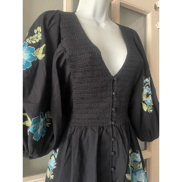 ASOS DESIGN cotton poplin embroidery shirred bodice mini dress in black - Image 8