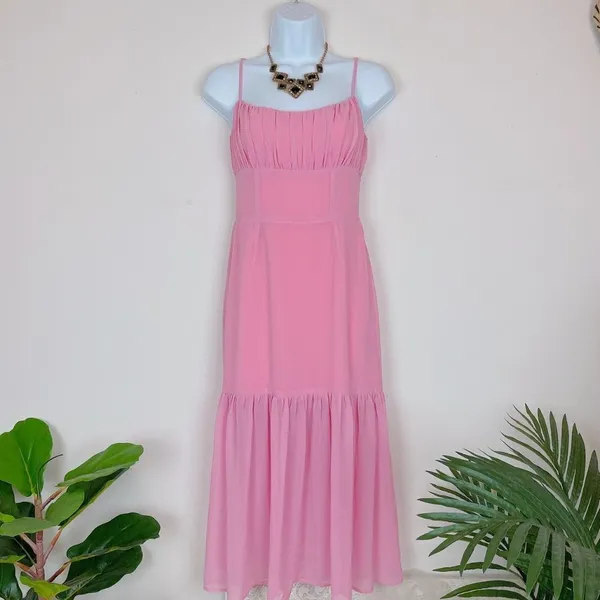 Bellevue Cassandra Pink Pleated Chiffon Casual Summer Midi Dress Wedding Guest - Image 2