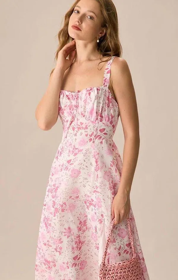 RIHOAS The Pink Square Neck Floral Ruched Midi Dress 15 - Image 4