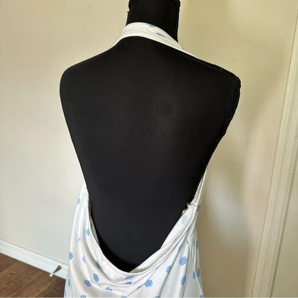 Y2K White Backless Halter Dress with Blue Flowers XL - Image 5