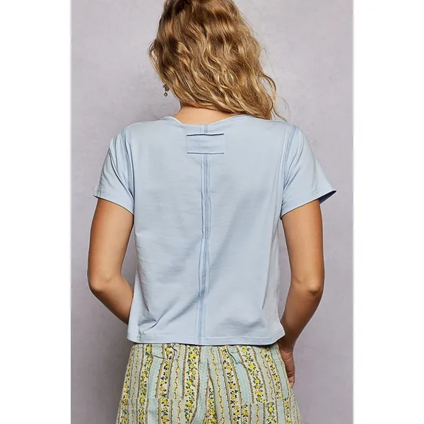 POL Light Blue Boxy Cropped Short‎ Sleeve Tee Back Seam Detail - Image 4