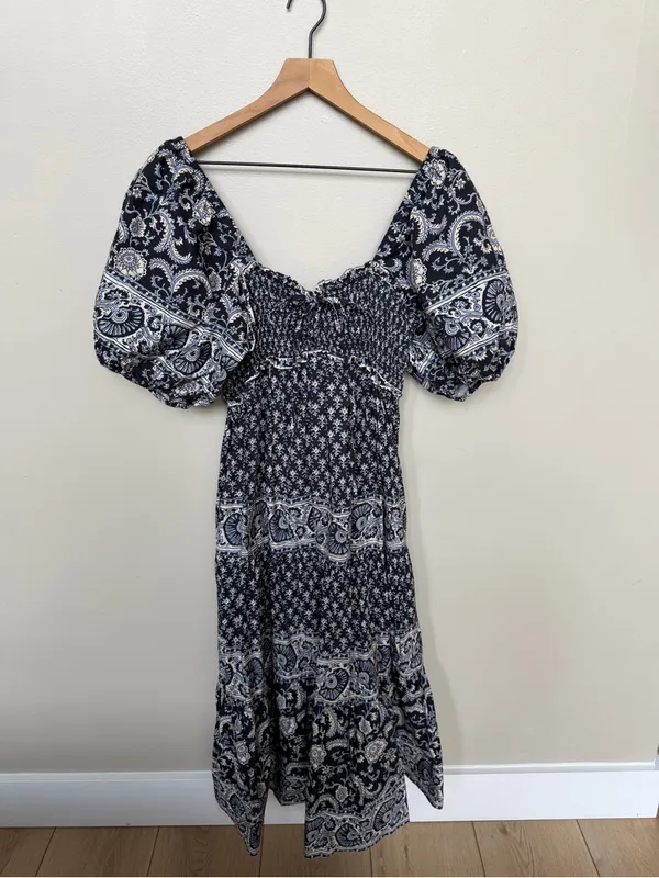 Sea NY Jasper Tiered Maxi Poplin Cotton Dress Puff Sleeve Square Neck Size Large - Image 3