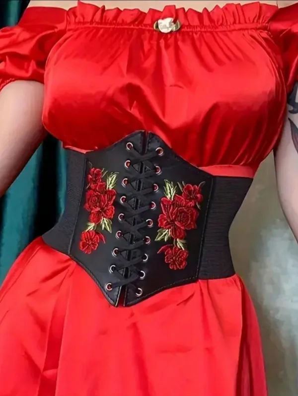 Black Floral‎ Embroidered Waist Elastic Corset Belt One Size - Image 6