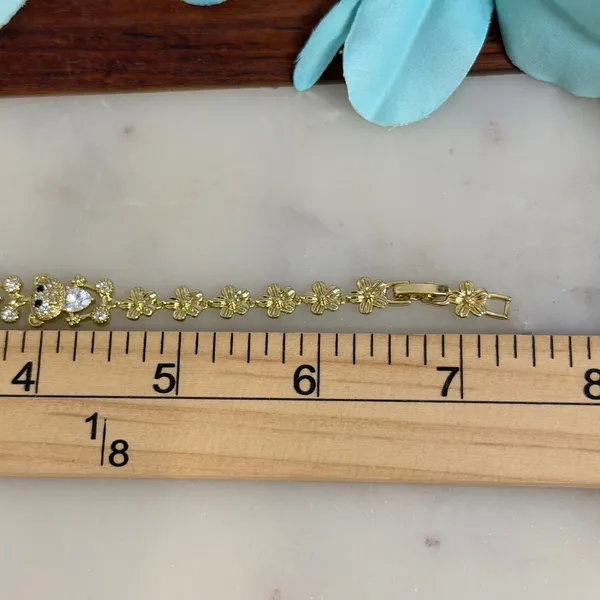14K Gold Plated XP Women Bracelet Teddy Bear Flower Link Cubic Zirconia - Image 3