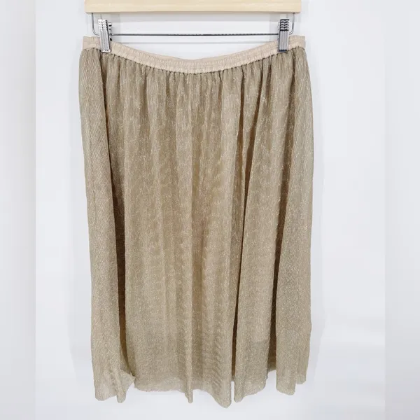 Lavand Gold Shimmer Pleated Midi‎ Skirt Metallic Pleated Sheer Lined Sz L - Image 3