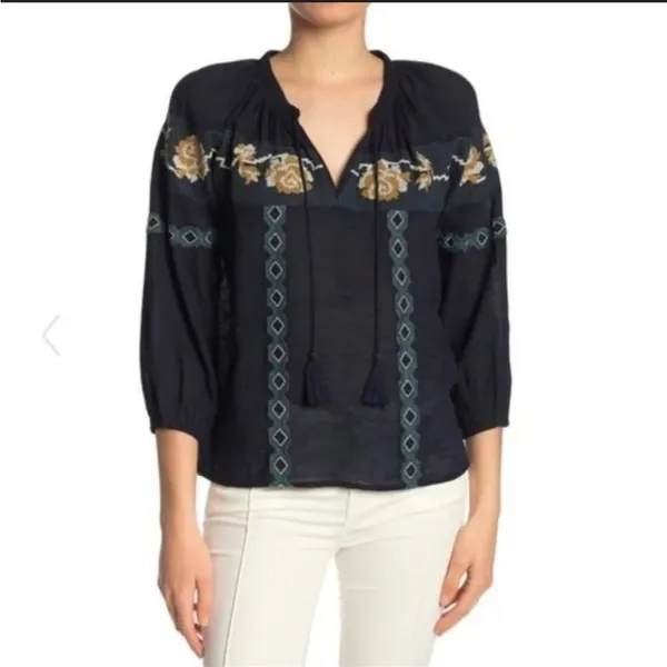 Lucky Brand Embroidered Boho Peasant Blouse Tie Neck M - Image 2