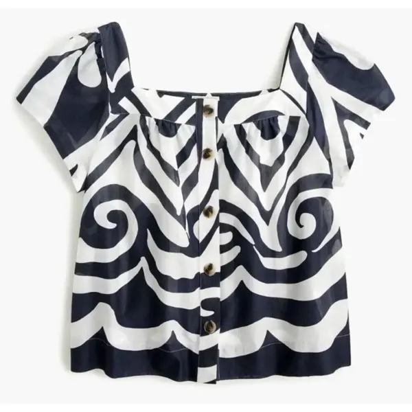 ✨J.Crew Point Sur Ratti Wave Navy Blue White Button Front Poplin Sz XS Top✨ - Image 3