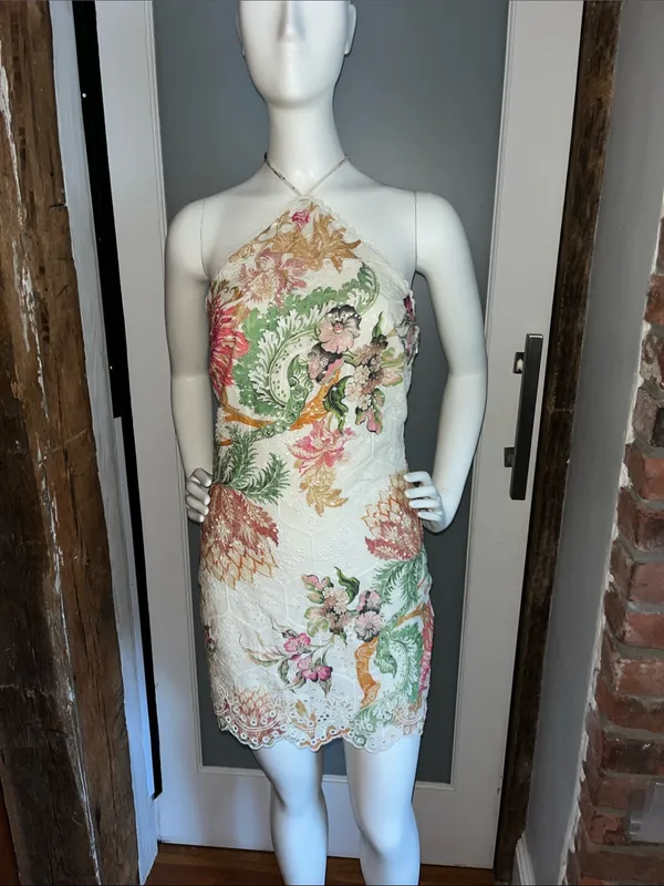 HEMANT & NANDITA White Halter Mini Dress with Pink & Green Floral Embroidery - Image 2