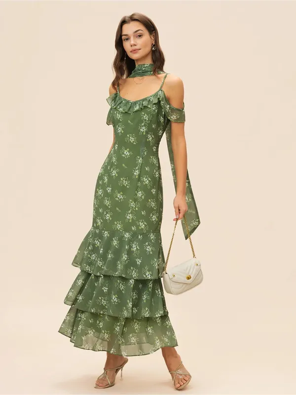 Rihoas Green Floral Ruffled Cold-Shoulder Maxi Dress - Image 8