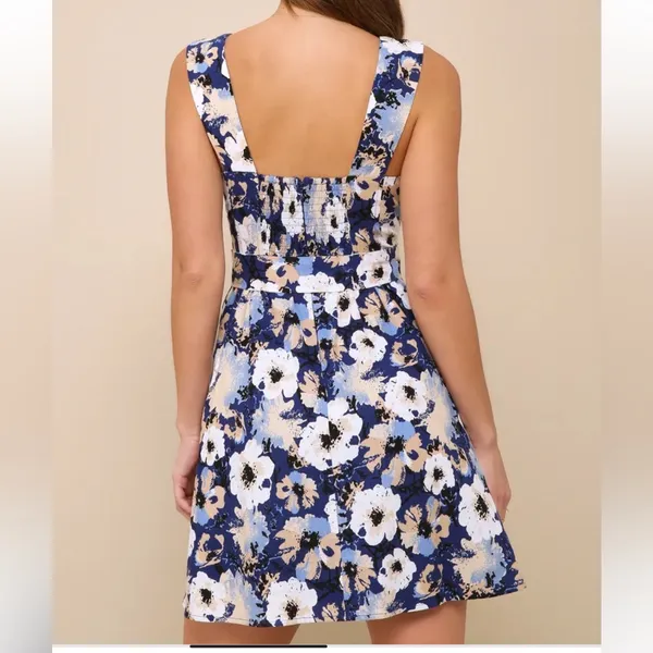 Lulu’s Sunny Attraction Navy Floral Linen Bustier Belted Mini Dress NWOT Large - Image 2