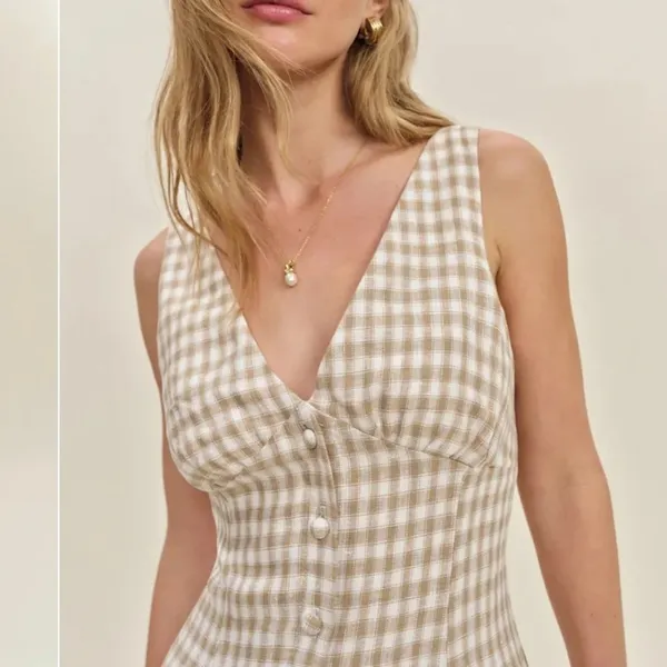 Reformation | Sebastien 100% Linen Gingham Button Front Midi Dress in Natural - Image 4