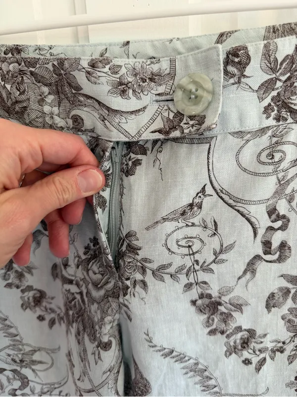 Etcetera Size 2 Blue Brown Toile Bird Floral 100% Linen Straight y2k Pants - Image 2