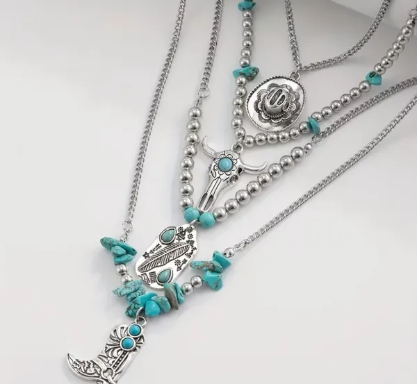 Women’s Bohemian Faux Turquoise & Silver Layered Pendant 4 Pc Necklace Set - Image 2