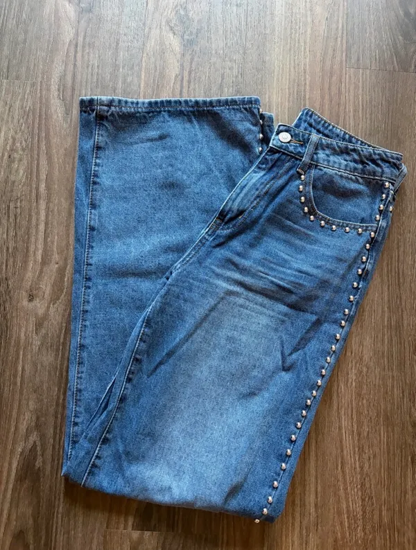Princess Polly Saving Up Mid Rise Straight Leg Studded Jeans Mid Blue - Image 2