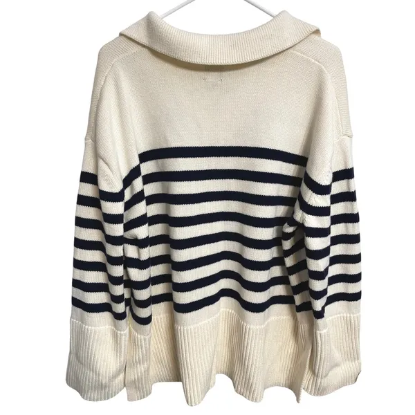 Gap 24/7 Split-Hem Polo Sweater Navy Cream Stripe Oversized Coastal Nautical L - Image 3