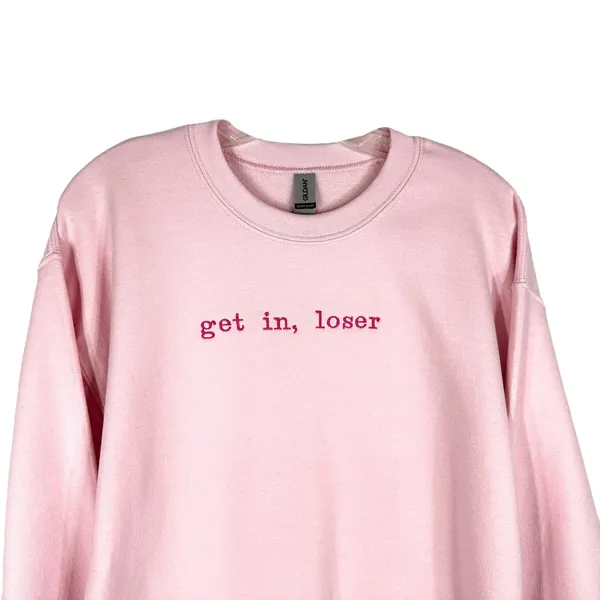Gildan Get In Loser Medium Sweatshirt Mean Girls Crewneck‎ Pullover Pink Solid Minimal - Image 8