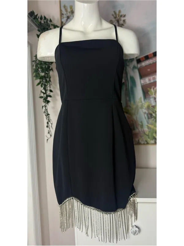 Trixxi Black Silver Rhinestone Chain Fringe Mini LBD Dress Size Large - Image 3