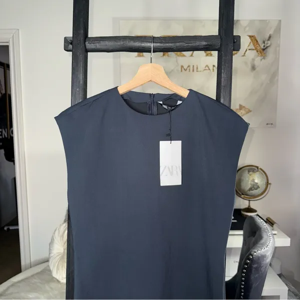 ZARA Dark Slate Grey Cap Sleeve Mini Dress Womens Medium Minimalist Career Chic - Image 4