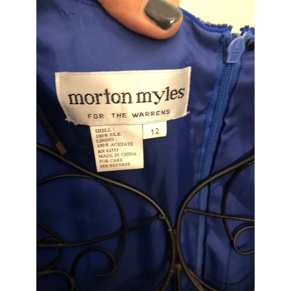 Silk Dress Morton Myles Electric Blue‎ V Neck Sequin Lined sz 12 Long Sleeve - Image 6