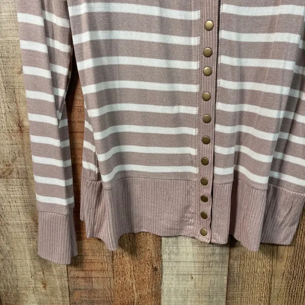 Zenana 1X Taupe Ivory Striped Snap Button Cardigan Soft Stretch Knit Ribbed Trim - Image 3