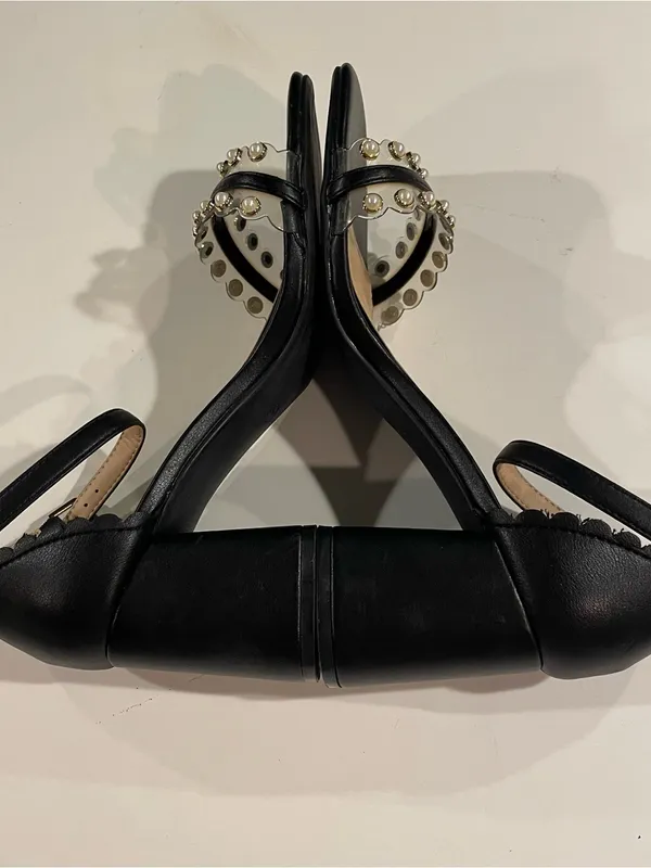 Comfort Sandals Black Faux Leather Pearl Embellished Block Heel Women’s 9W - Image 6