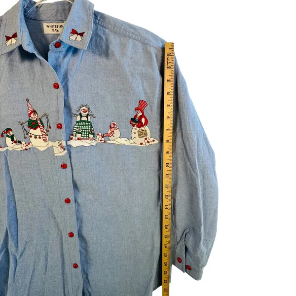 Vtg Christmas Snowman Shirt Chambray Denim Holiday Button‎ Down Top S Festive - Image 6