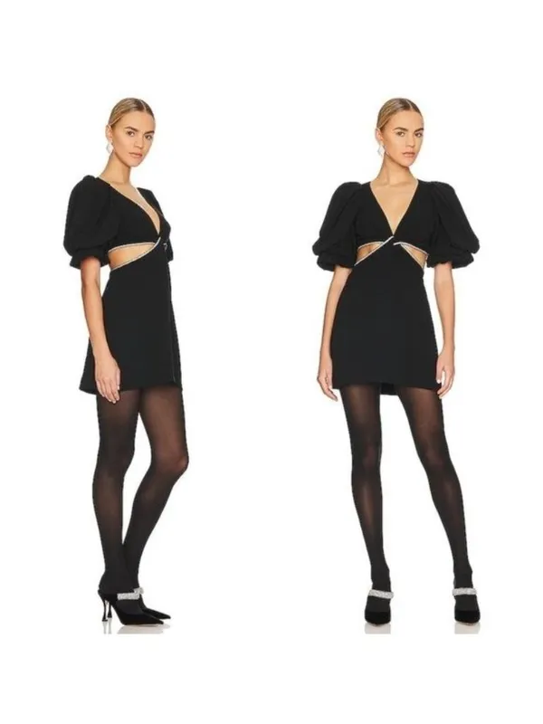 ALC Frank Hazel Crystal Twist Cutout Mini Dress 12 Black Balloon Puff Sleeve Diamond - Image 3
