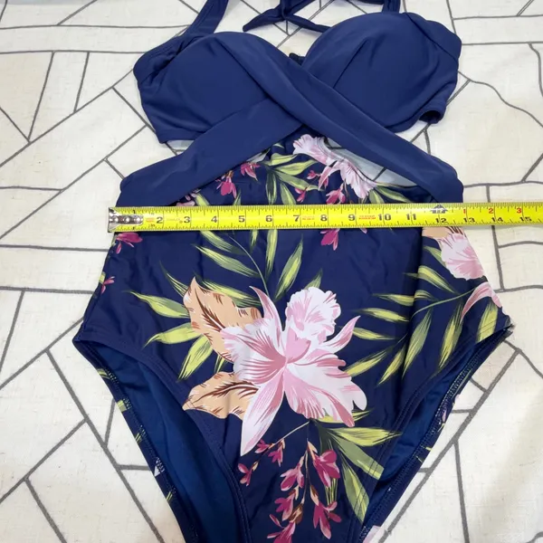 Cupshe One Piece‎ Swimsuit M Navy Blue Tropical Floral Wrap Halter Cutout NWT - Image 5