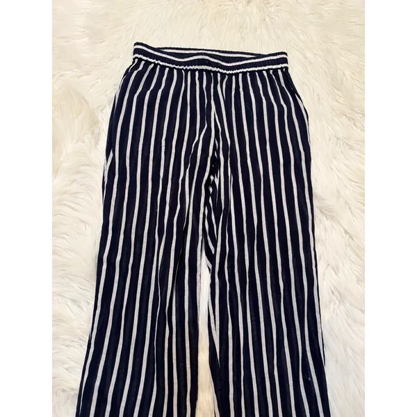 Womens Pull On Pant Navy Blue White Stripes Elastic Waist Lightweight Semi-Sheer - Image 2
