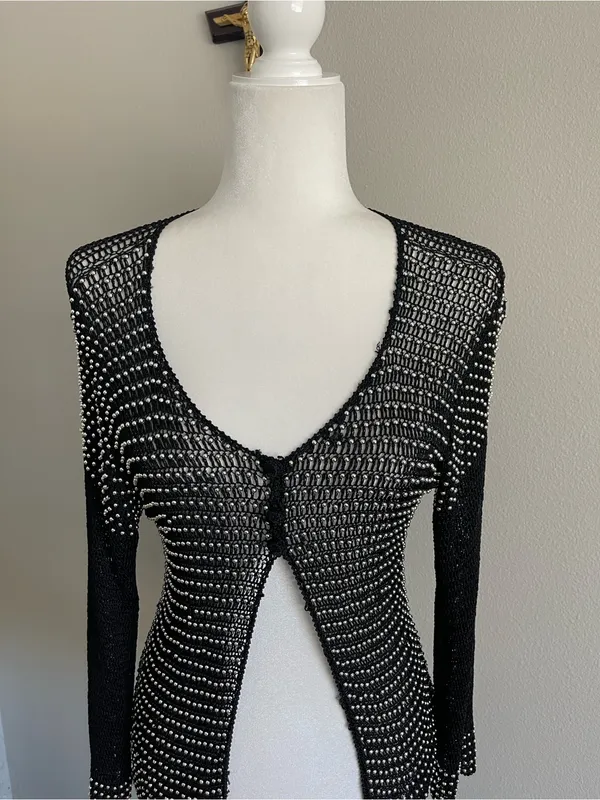 Black Open-Knit Long Sleeve Cardigan with Silver Stud Detail - Image 2