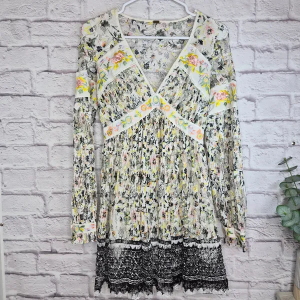 Free People Soli Plunge Long Sleeve Floral Lace Embroidered Mini Dress XS S - Image 3