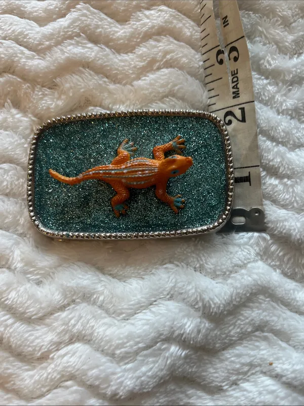 Orange Lizard Reptile Alligator belt buckle with Teal Glitter Accent - Image 6