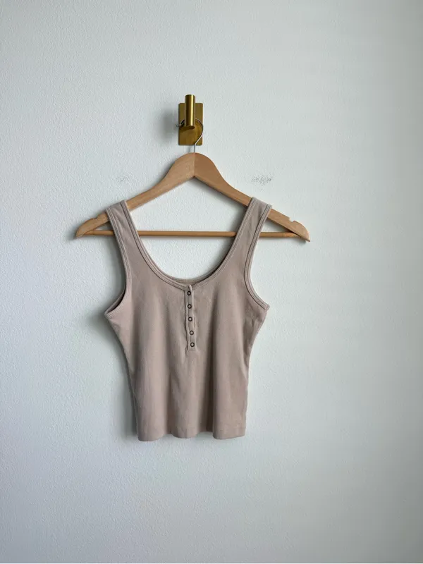 Abercrombie & Fitch Soft A&F Rib Henley Tank Top Beige XS - Image 5
