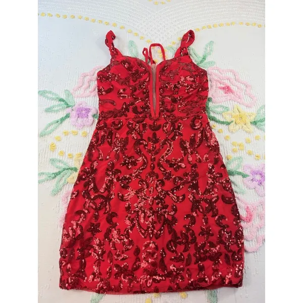 Pomuyoo Red Sequin Lace Up Back Mini Dress Party Cocktail Formal Gown 5y - Image 2