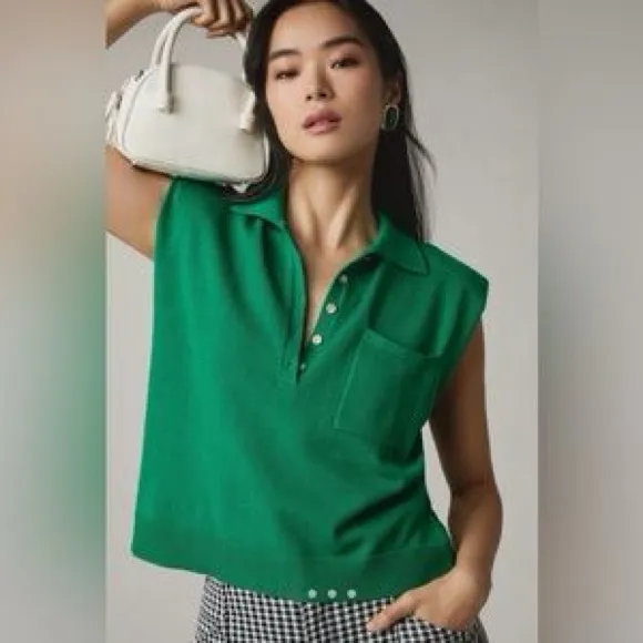 By Anthropologie Collared Polo‎ Muscle Sweater Tank Shirt Sz M Green - Image 4